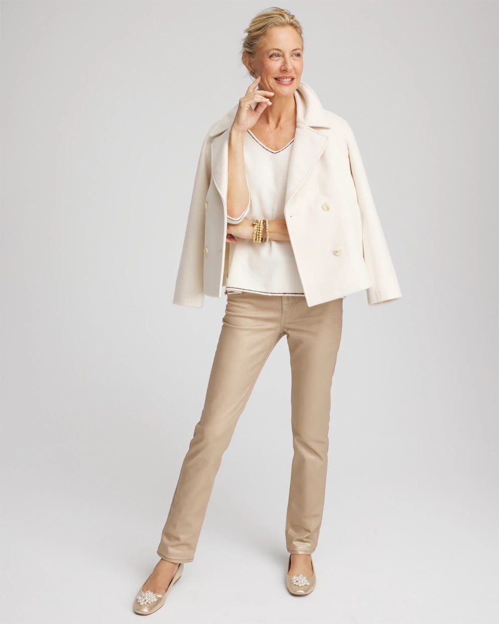 Chico's Contrast Stitch V-Neck Sweater English Cream