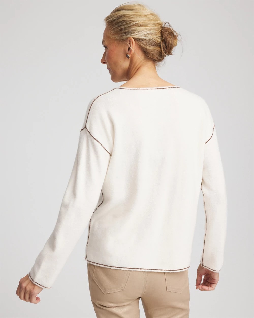 Chico's Contrast Stitch V-Neck Sweater English Cream