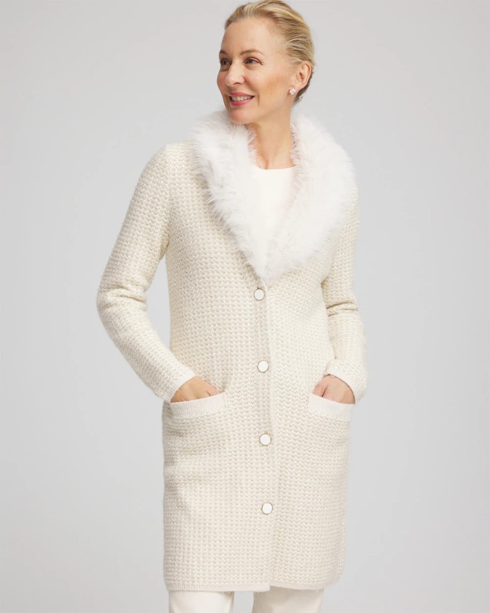 Chico's Fur Trim Cardigan English Cream