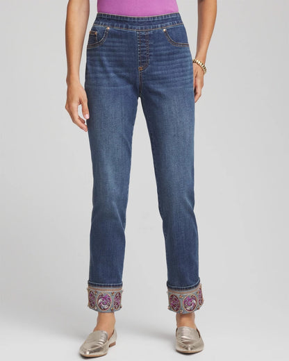Chico's Embellished Pull-On Slim Ankle Jeggings Buttercup Indigo
