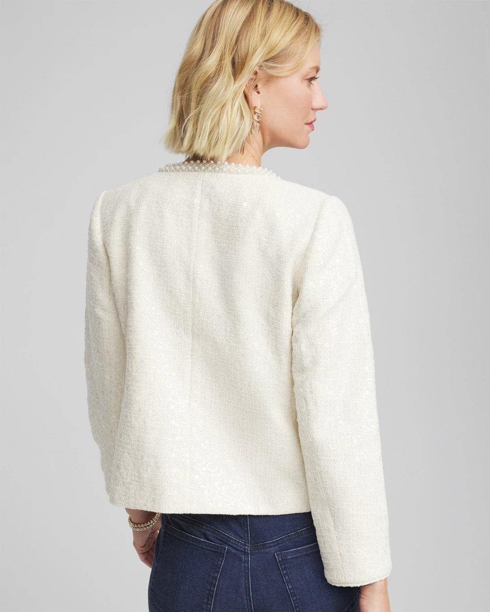 Chico's Pearl Trim Tweed Jacket English Cream