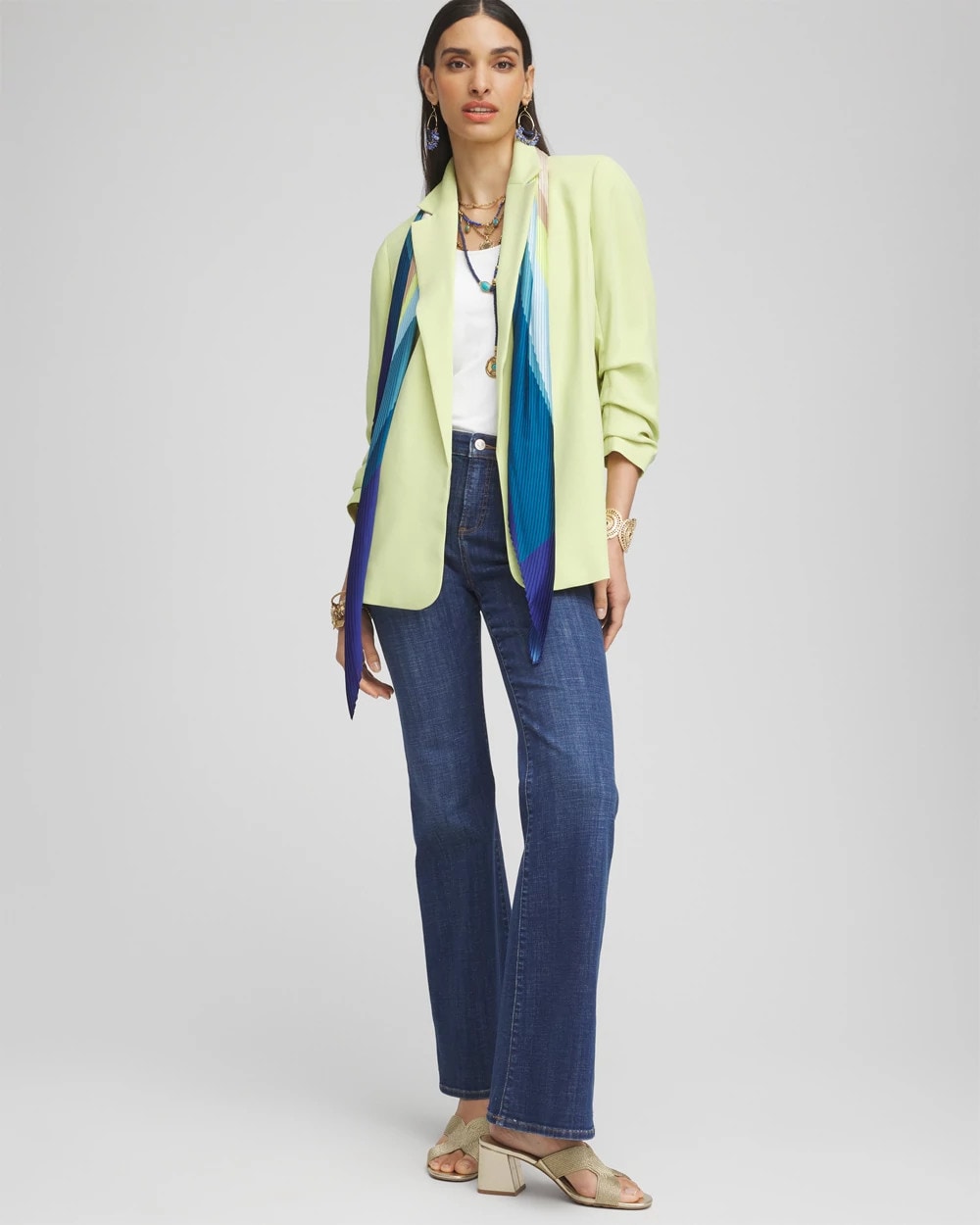 Chico's Notched-Lapel Ruched Sleeve Blazer Frozen Lime