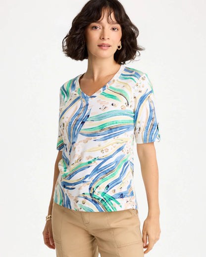 Chico's Printed Pima Elbow-Sleeve Tee Topanga Green