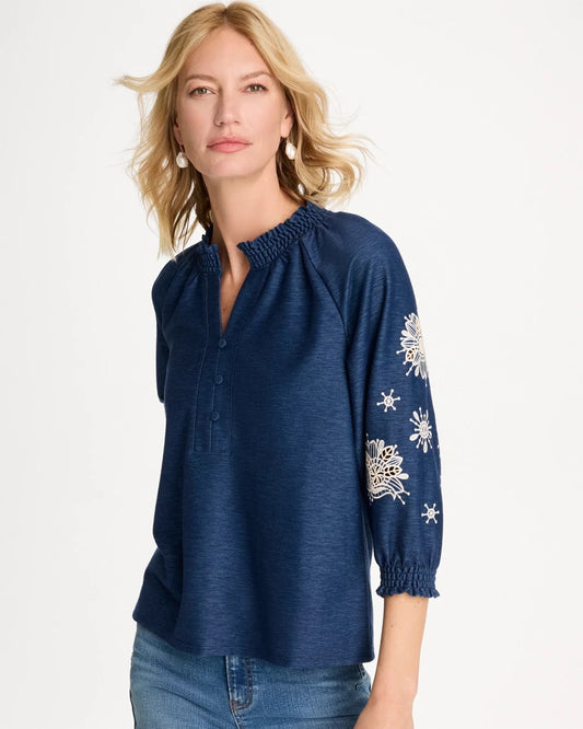 Chico's Embroidered Denim Henley Tee Passport Blue