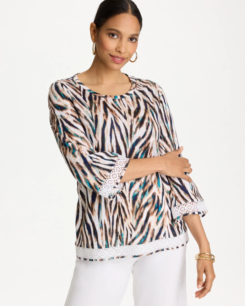 Chico's Tiger Linen Crochet Lace Tee Lagoon Blue