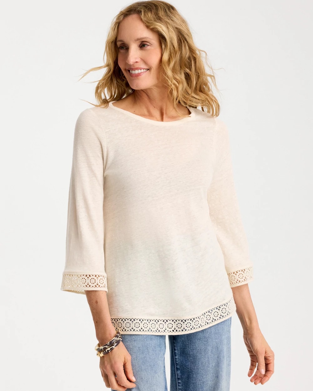 Chico's Linen Crochet Lace Tee Natural Cream