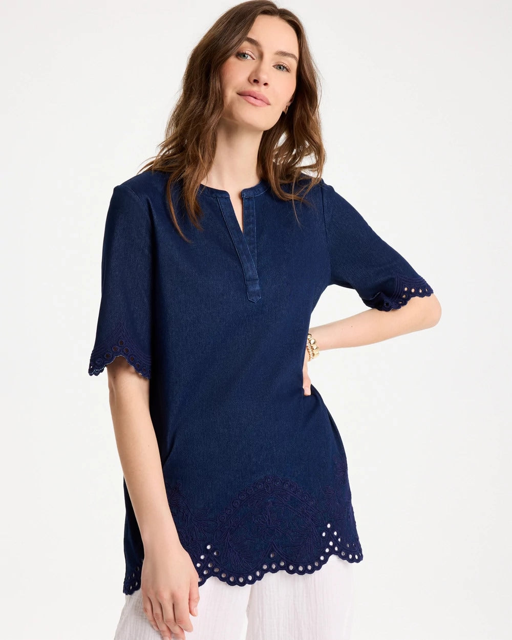 Chico's Embroidered Cotton-Blend Tunic Dark Wash