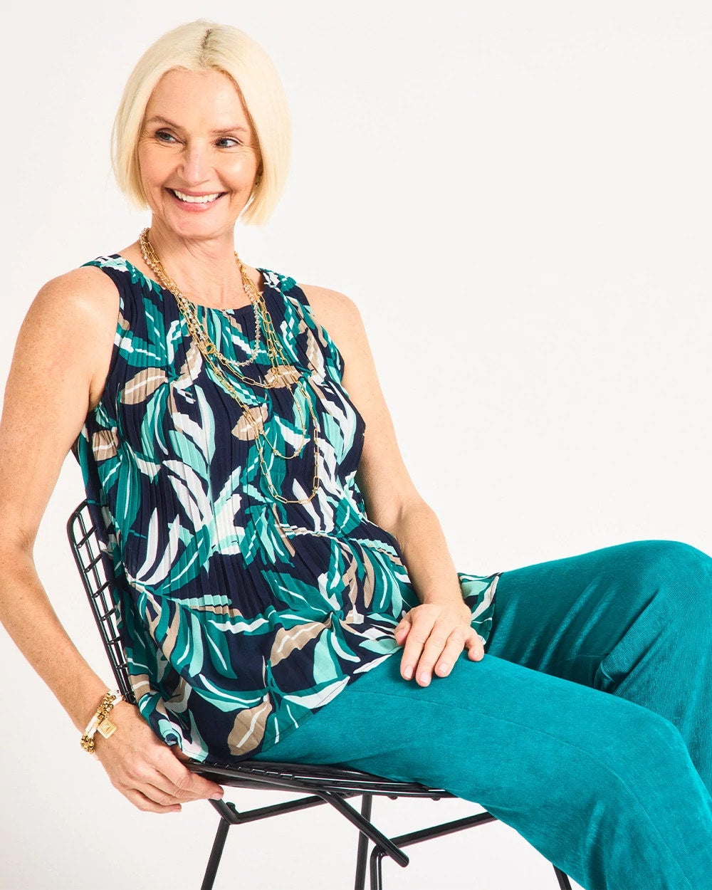 Chico's Travelers™ Palm Pleated Chiffon Tank Kings Navy