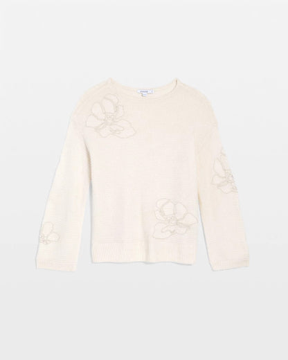 Chico's Tonal Embroidered Boatneck Pullover Sweater English Cream