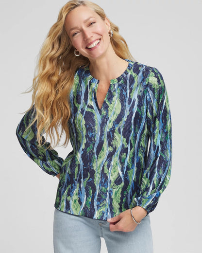 Chico's Ocean Plume Crinkle Top Passport Blue