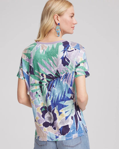 Chico's Tropical Nights Sweater-Trim Linen Tee Blue Casa