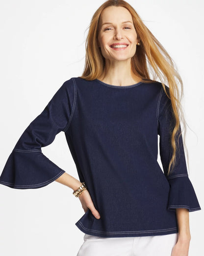 Chico's Indigo Denim Trumpet Sleeve Top Denim