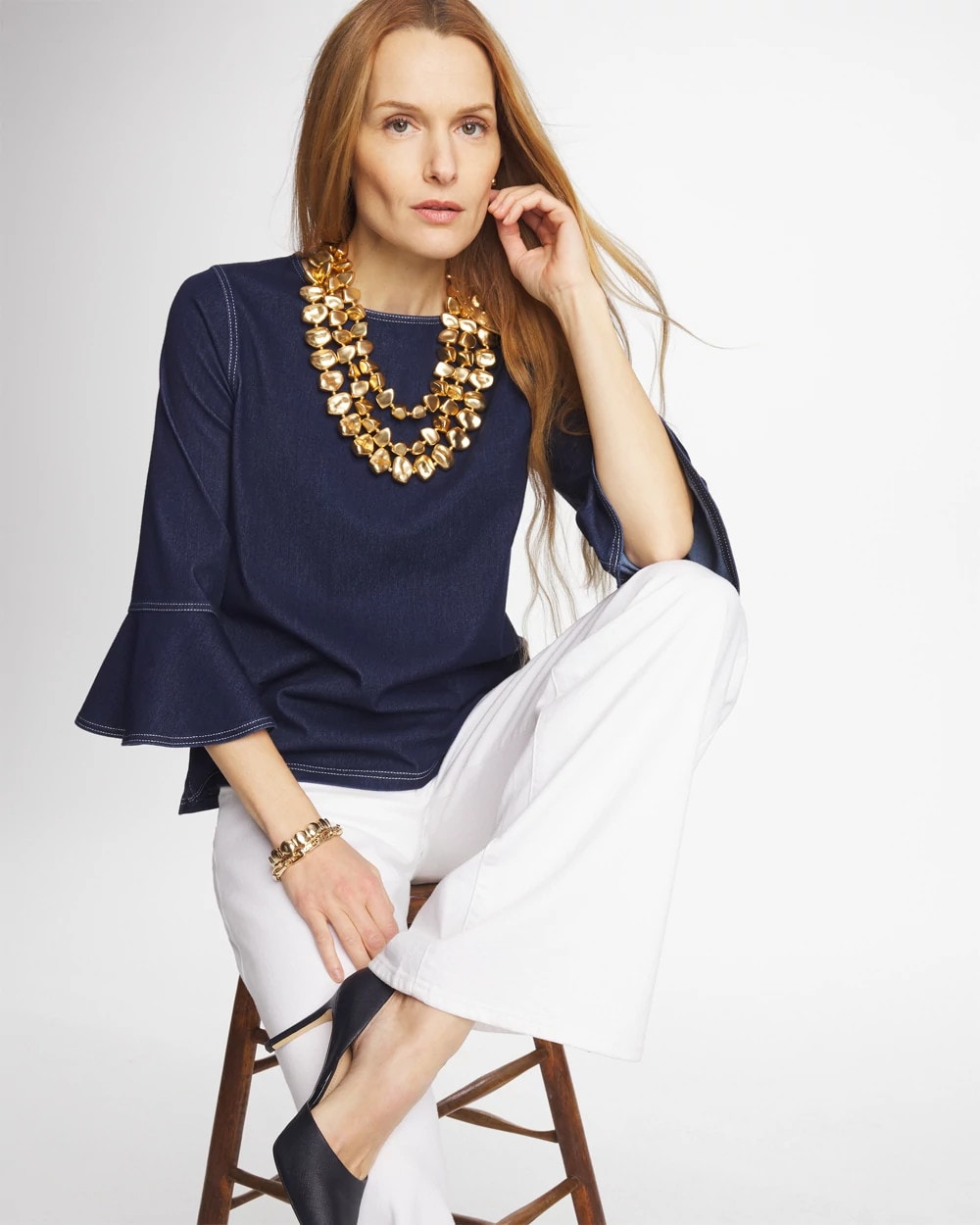 Chico's Indigo Denim Trumpet Sleeve Top Denim