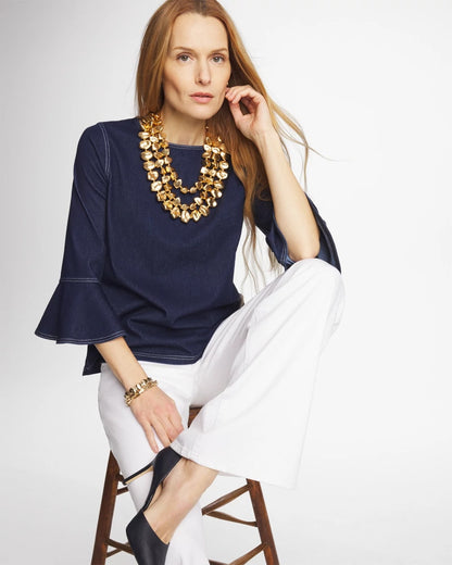 Chico's Indigo Denim Trumpet Sleeve Top Denim