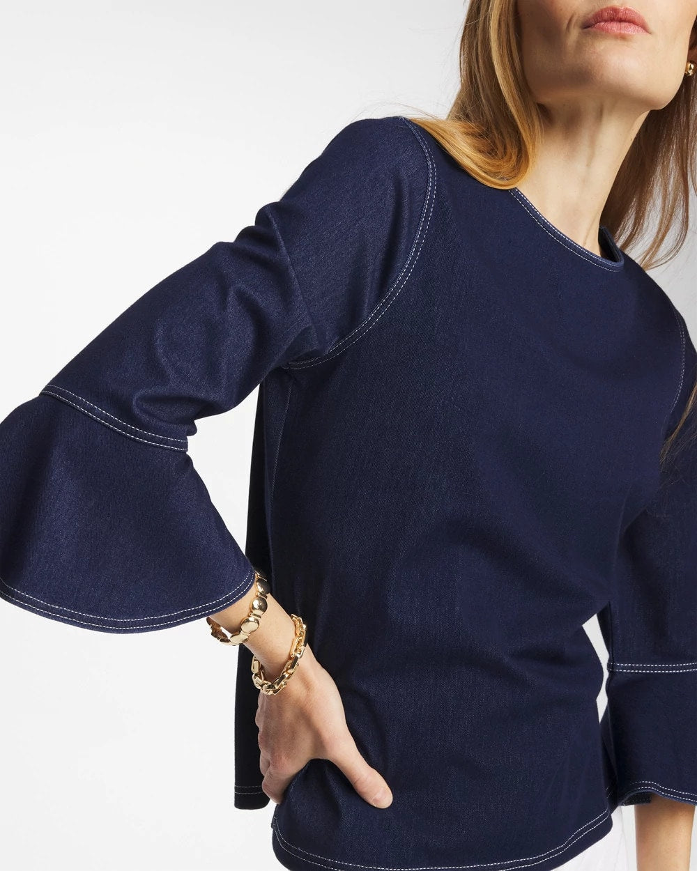 Chico's Indigo Denim Trumpet Sleeve Top Denim