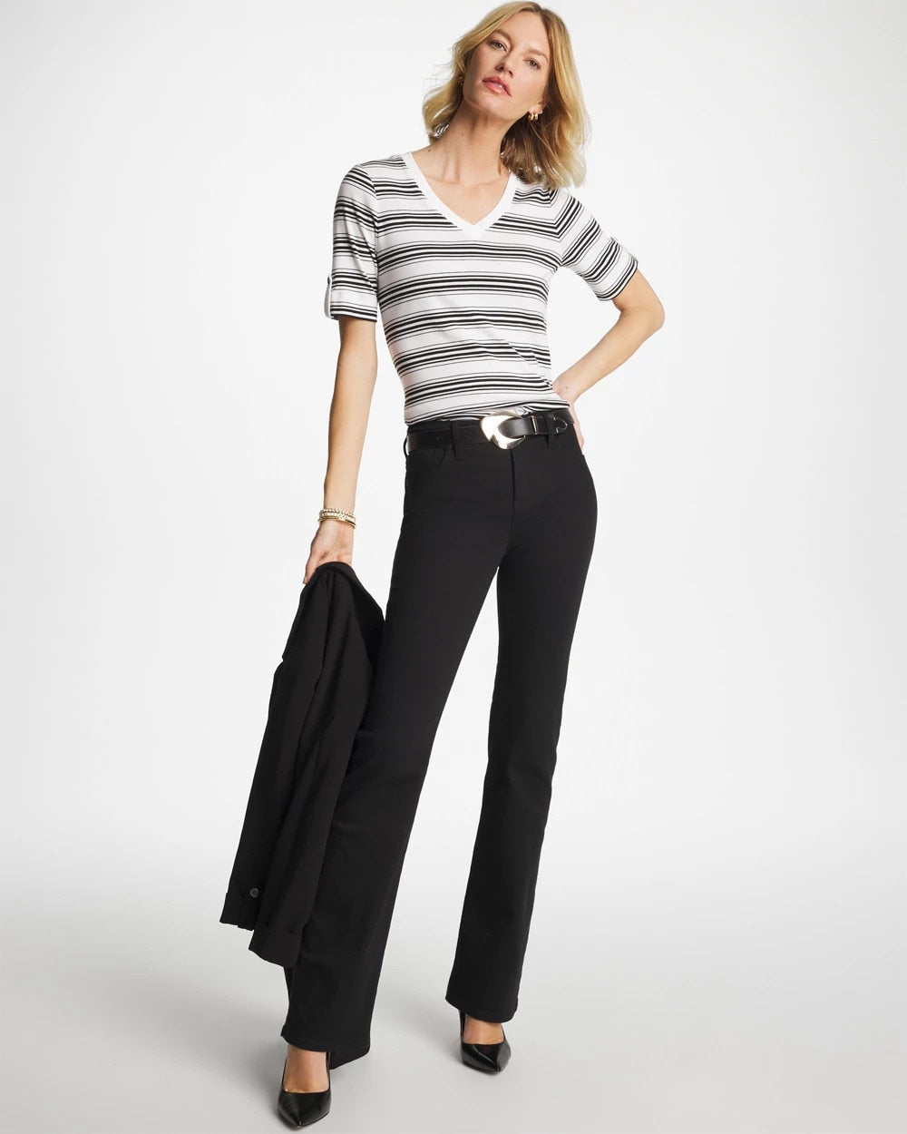 Chico's Pima V-Neck Tab Sleeve Tee Black