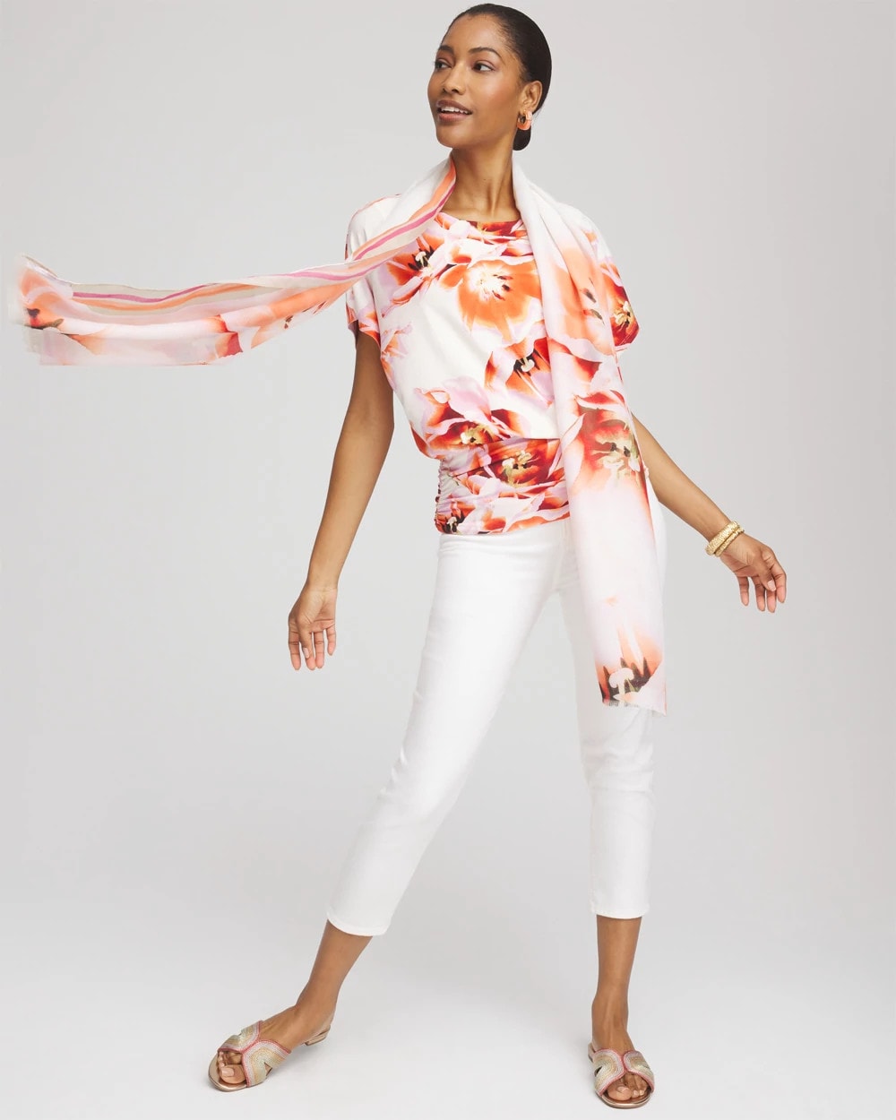 Chico's Touch of Cool™ Tropical Ruched Banded Hem Top Orange Tango