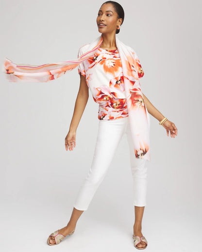 Chico's Touch of Cool™ Tropical Ruched Banded Hem Top Orange Tango