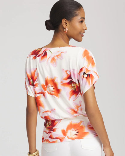 Chico's Touch of Cool™ Tropical Ruched Banded Hem Top Orange Tango