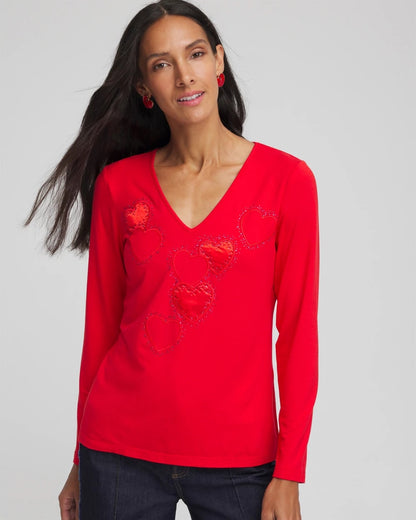 Chico's Embellished Heart V-Neck Tee Love Letter Red