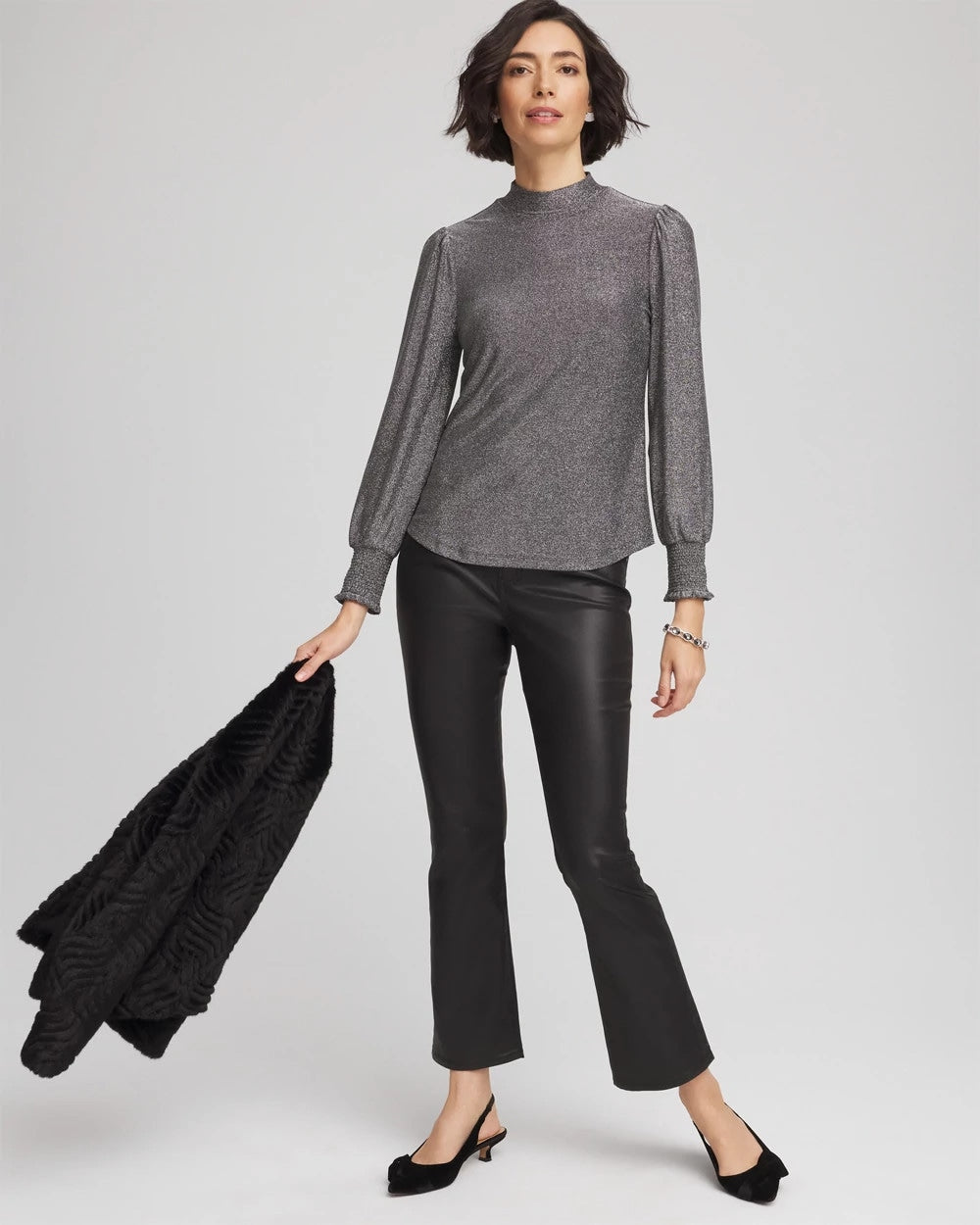 Chico's Sparkle Smocked Top Silver Glitter