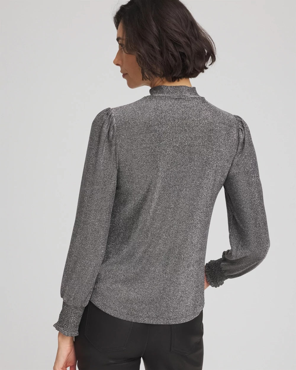 Chico's Sparkle Smocked Top Silver Glitter