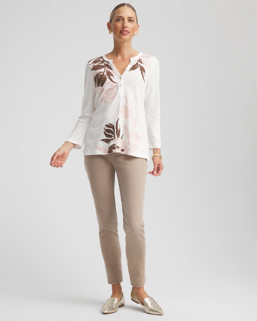 Chico's Slub Splitneck Henley Tee Rose Smoke