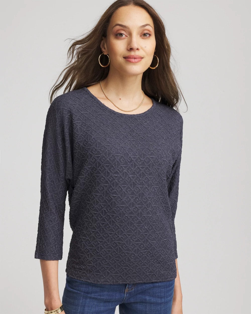 Chico's Textured Denim-Motif Tapered-Hem Top Denim