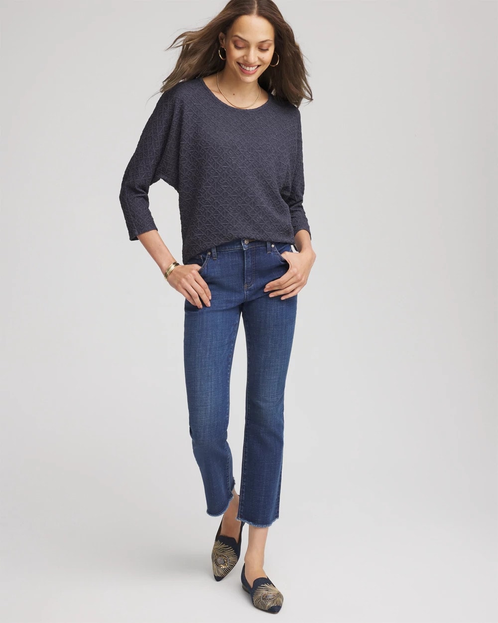Chico's Textured Denim-Motif Tapered-Hem Top Denim