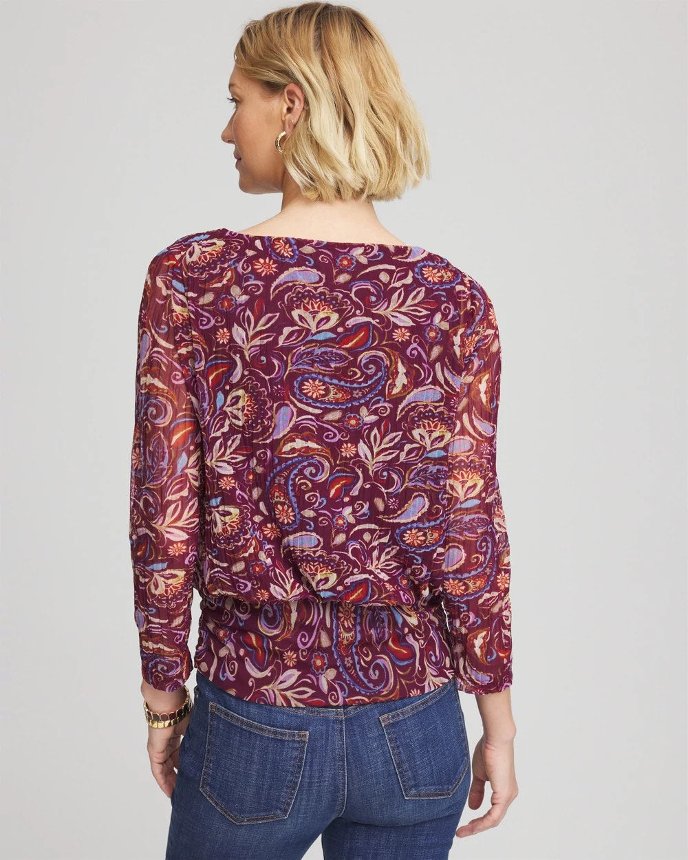 Chico's Paisley Textured Banded-Hem Top Deep Chianti