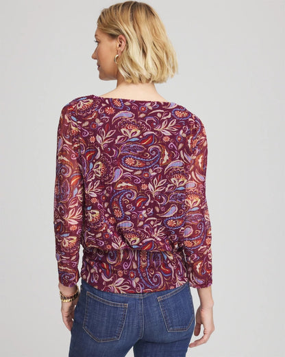 Chico's Paisley Textured Banded-Hem Top Deep Chianti