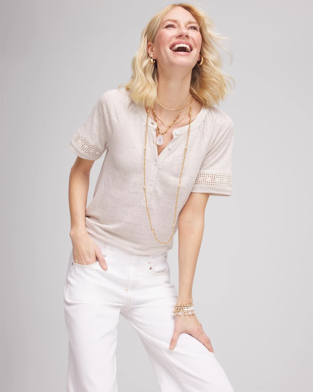 Chico's Linen Lace-Cutwork Sleeve Henley Tee River Rock