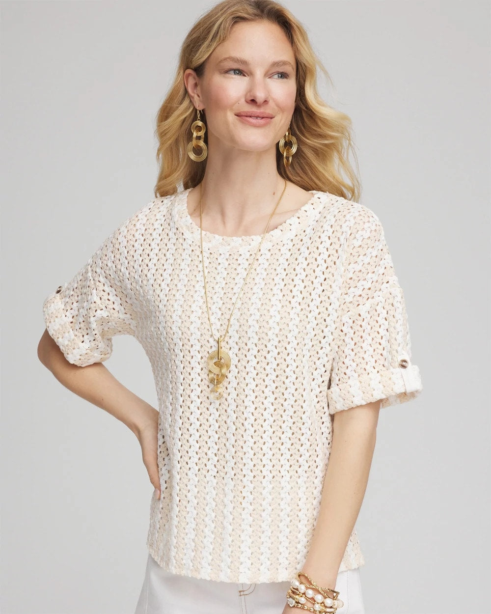 Chico's Textured Roll Cuff Tee Glistening Sand