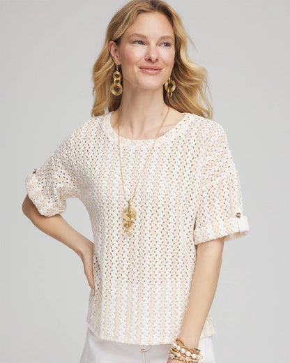 Chico's Textured Roll Cuff Tee Glistening Sand