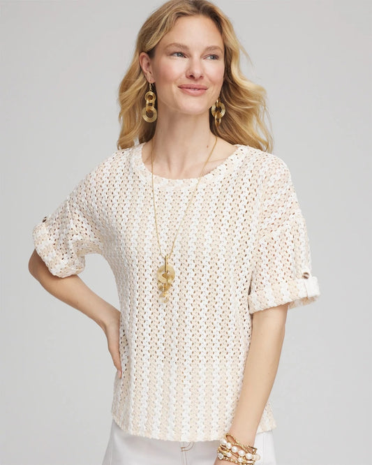 Chico's Textured Roll Cuff Tee Glistening Sand