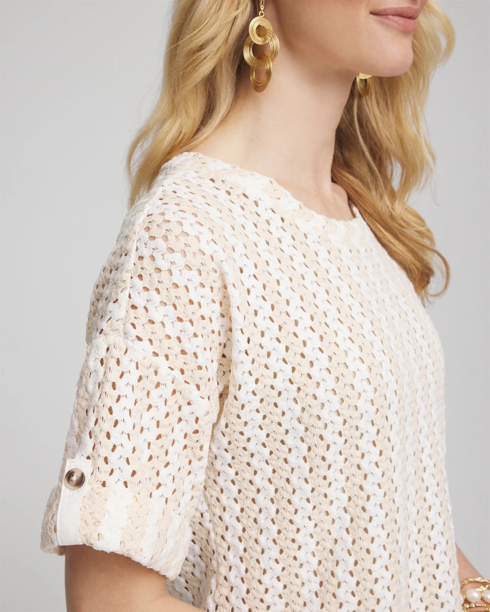 Chico's Textured Roll Cuff Tee Glistening Sand