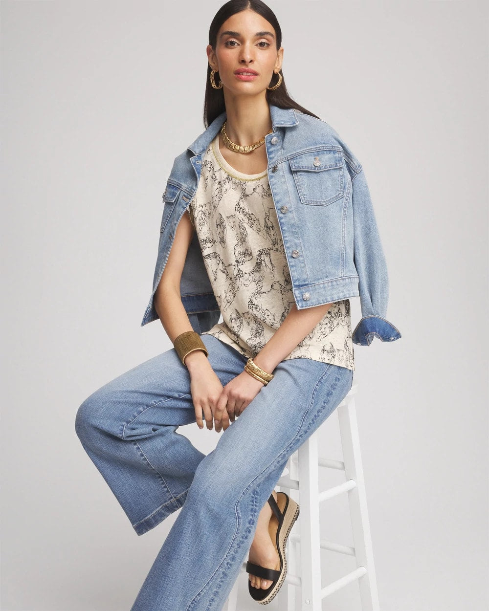 Chico's Panther Sweater-Trim Linen Tee Glistening Sand