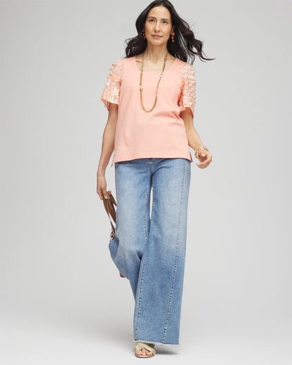 Chico's Floral Sleeved Square-Neck Tee Coral Blossom