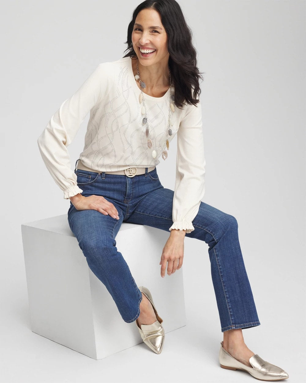 Chico's Embellished Long-sleeve Top English Cream