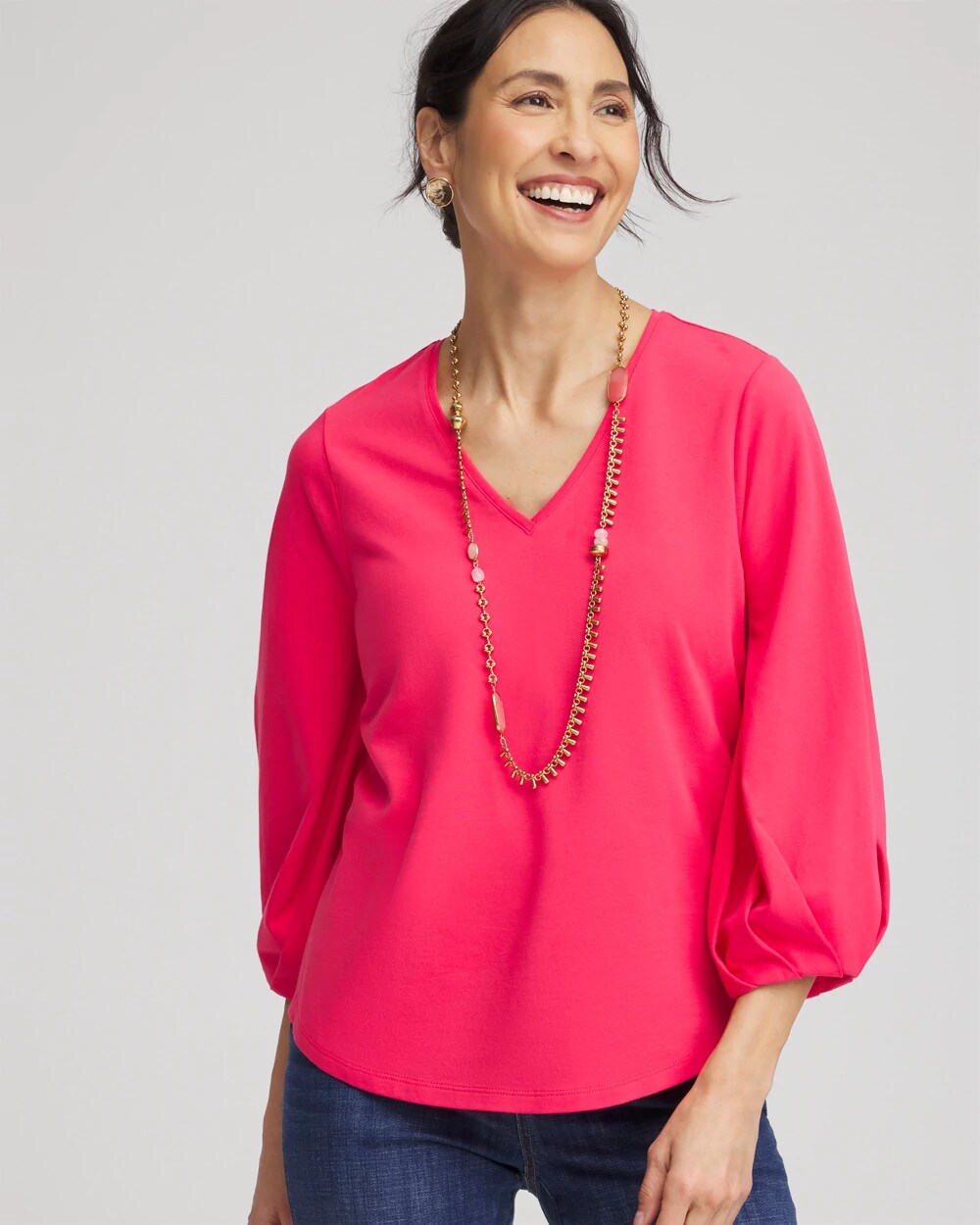 Chico's Cotton Tuck Sleeve Tee Dried Roses