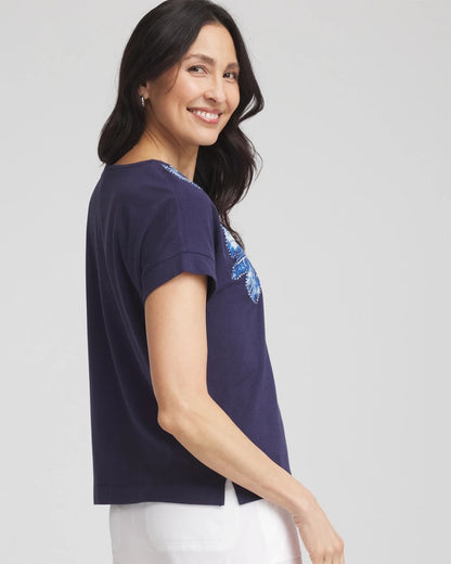 Chico's Zenergy® UPF Knit Applique Dolman Top Passport Blue
