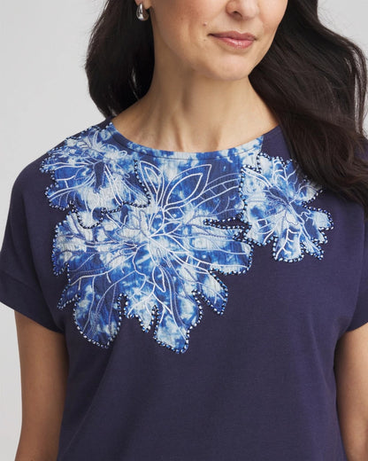 Chico's Zenergy® UPF Knit Applique Dolman Top Passport Blue