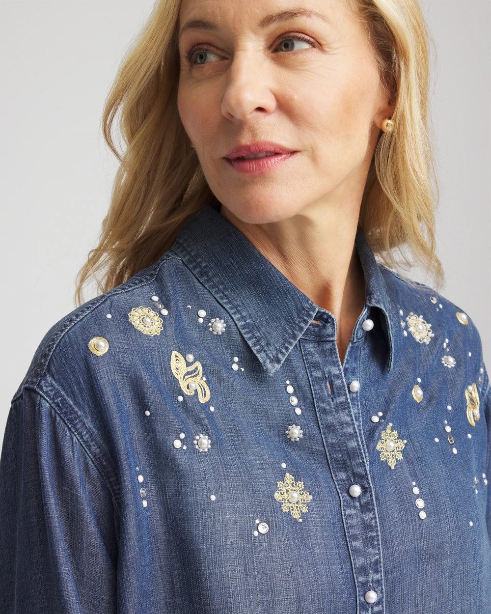 Chico's Embellished Tencel Collar Shirt Kiruna Indigo