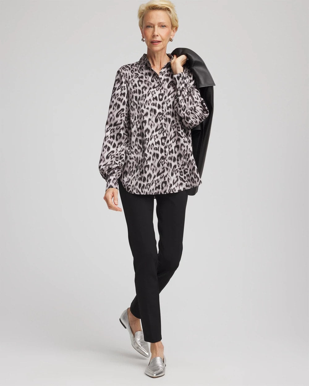 Chico's Faux Silk Snowy Animal Shirt Dove Gray