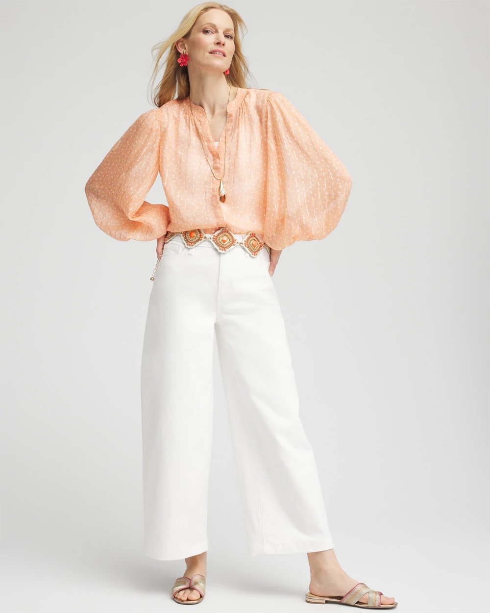 Chico's Metallic Jacquard Blouse Coral Blossom