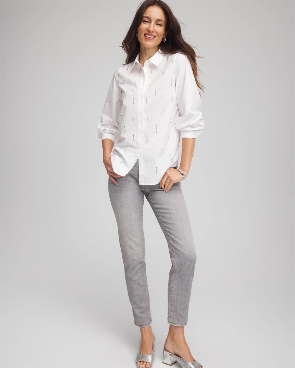 Chico's Jeweled Poplin Shirt Alabaster