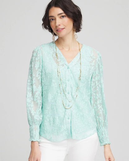 Chico's Floral Soutache V-Neck Blouse Teal Waters