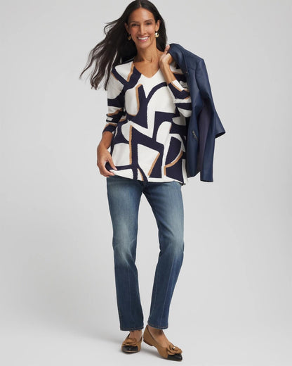 Chico's Geo Intarsia V-Neck Tunic Passport Blue