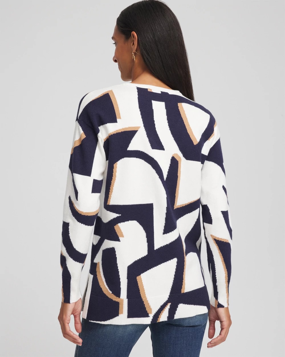 Chico's Geo Intarsia V-Neck Tunic Passport Blue