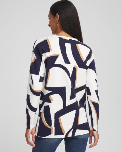 Chico's Geo Intarsia V-Neck Tunic Passport Blue